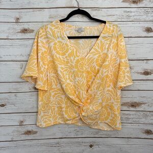 Loft Orange White Patterned Twist Front Flutter Short Sleeve Blouse